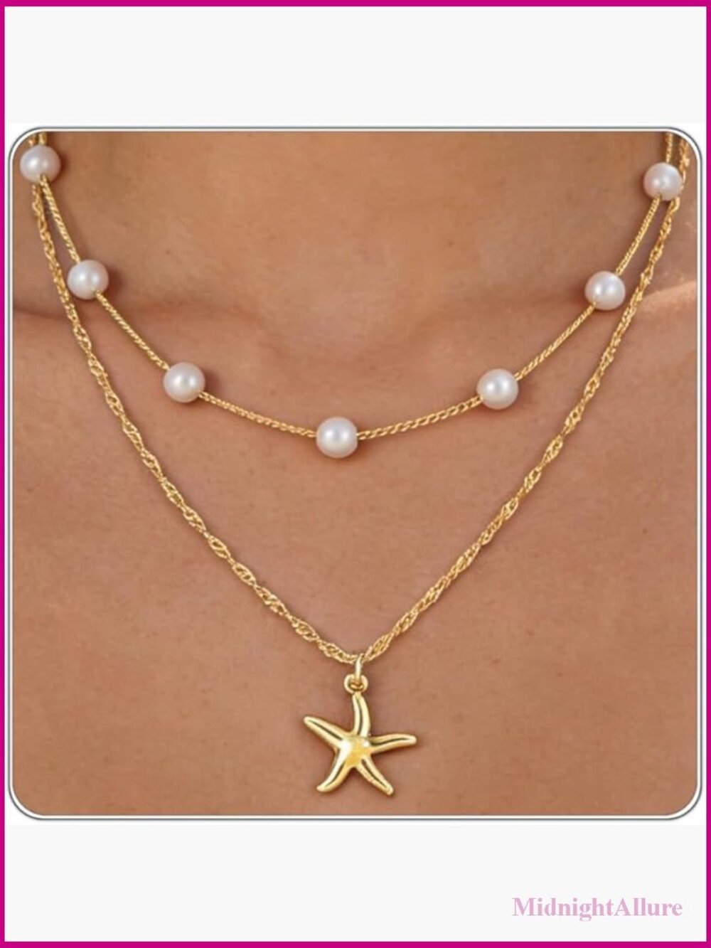 Beach Layered Shell Necklace Set - 14K Gold Plated Starfish Pearl Charm Pendant